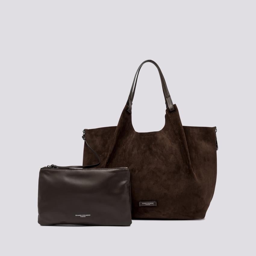 Borsa a spalla Dua in suede cioccolato