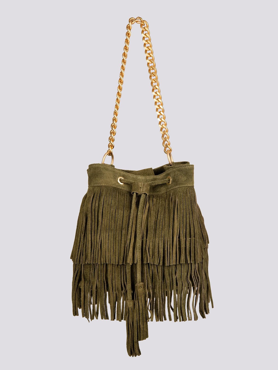 BORSA A SECCHIELLO CON FRANGE IN CAMOSCIO VERDE MILITARE "WILD"