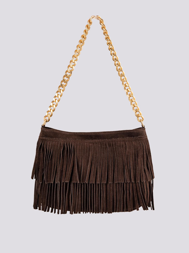 Borsa a tracolla in camoscio con frange marrone Jigly