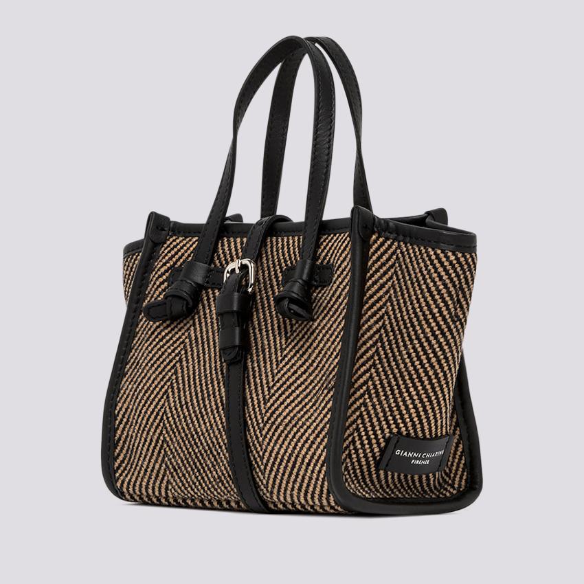 Borsa a mano Miss Marcella in tessuto spiga nero marrone