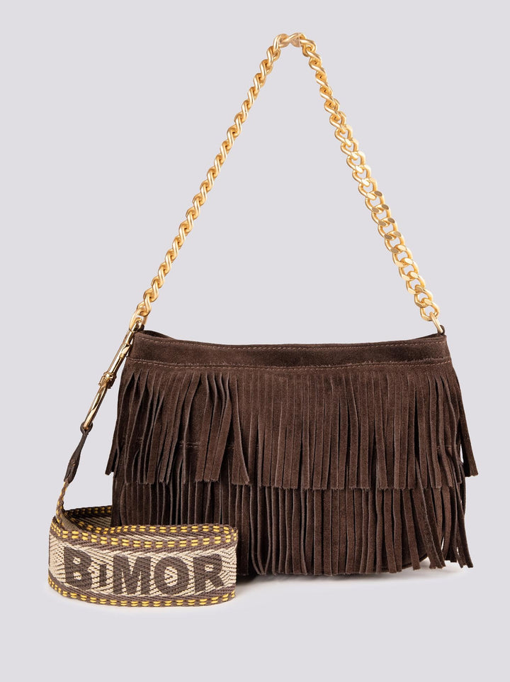 Borsa a tracolla in camoscio con frange marrone Jigly