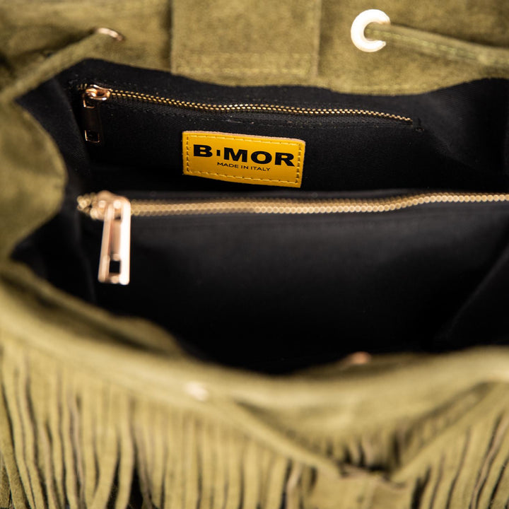 BORSA A SECCHIELLO CON FRANGE IN CAMOSCIO VERDE MILITARE "WILD"